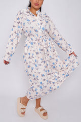 Blue Rose Print Ruffle Belted Dress