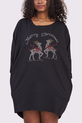 Merry Christmas Rhinestone Deer Detail Oversized Side Pockets DipHem Cotton Top