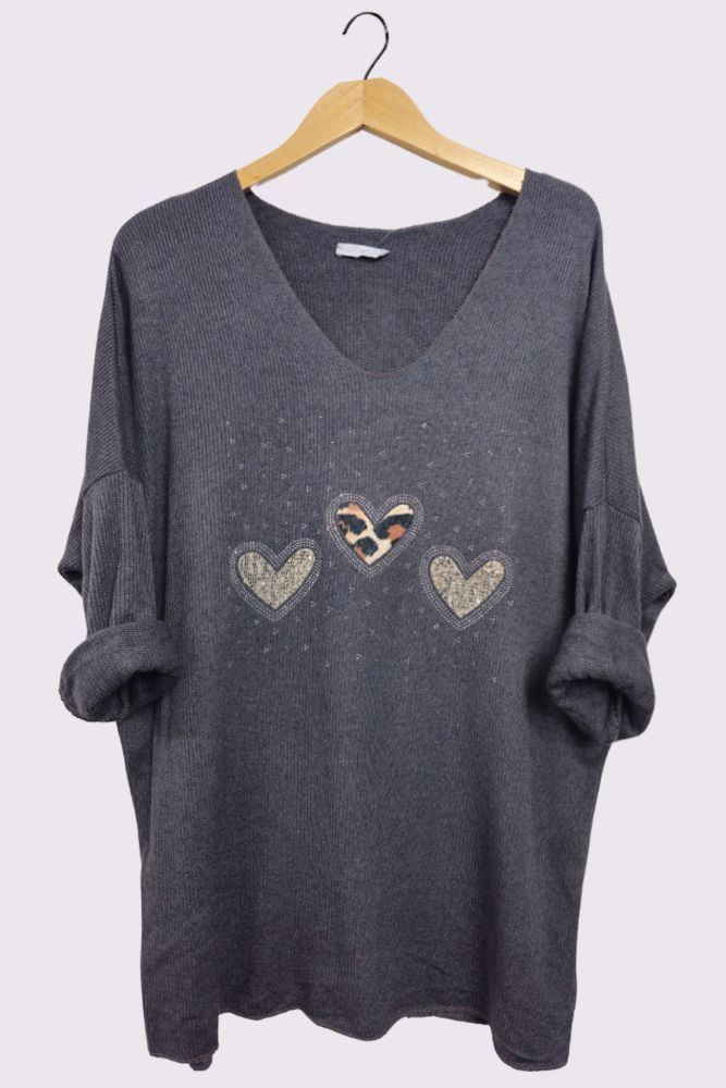 3 Heart Diamante Detail Soft Knit Ribbed Style Top