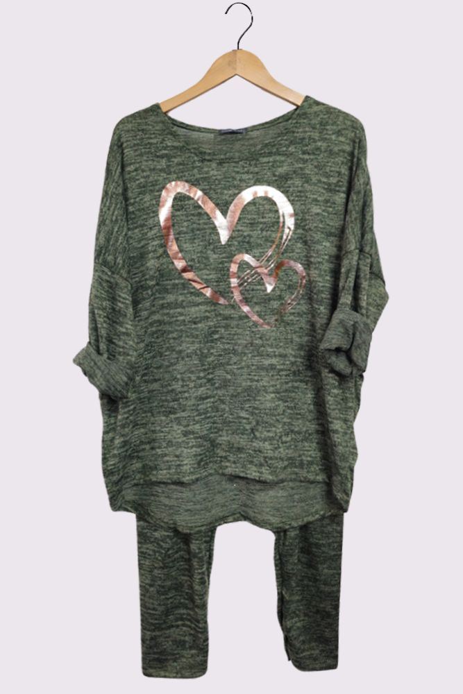 Marl Pattern Foil Print Elastic Waist Rose Gold Foil Heart Print Loungewear