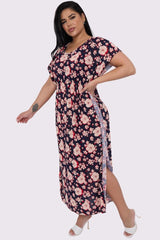 Hibiscus Flower Print Side Slit Kaftan Dress