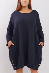 Plain Button Detail Hem Cotton Dress