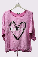 Alphabet Heart Print Drawstring Hem Cotton Top