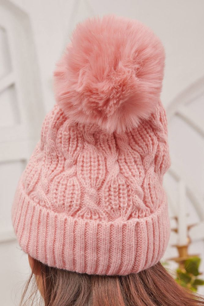 Beanie Cable Knit Pattern Fur PomPom Acrylic Hat