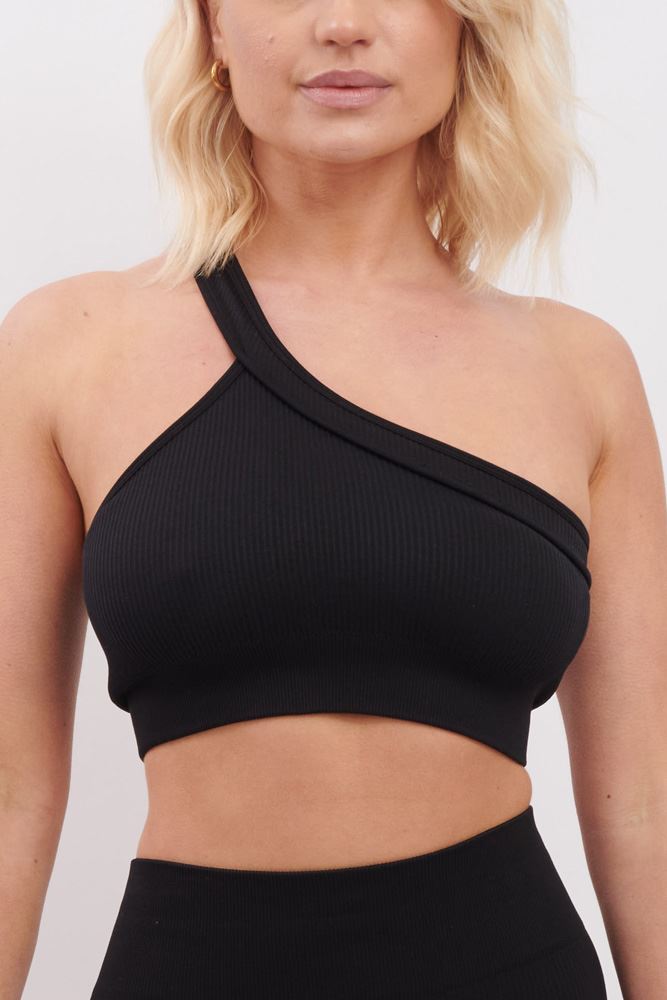 Plain One Shoulder Seamless Ribbed Nylon Bra