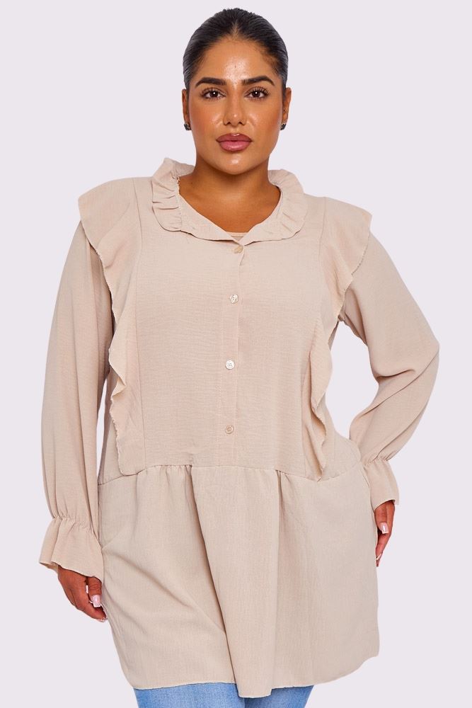 Plain Ruffle Front Button Up Shirt