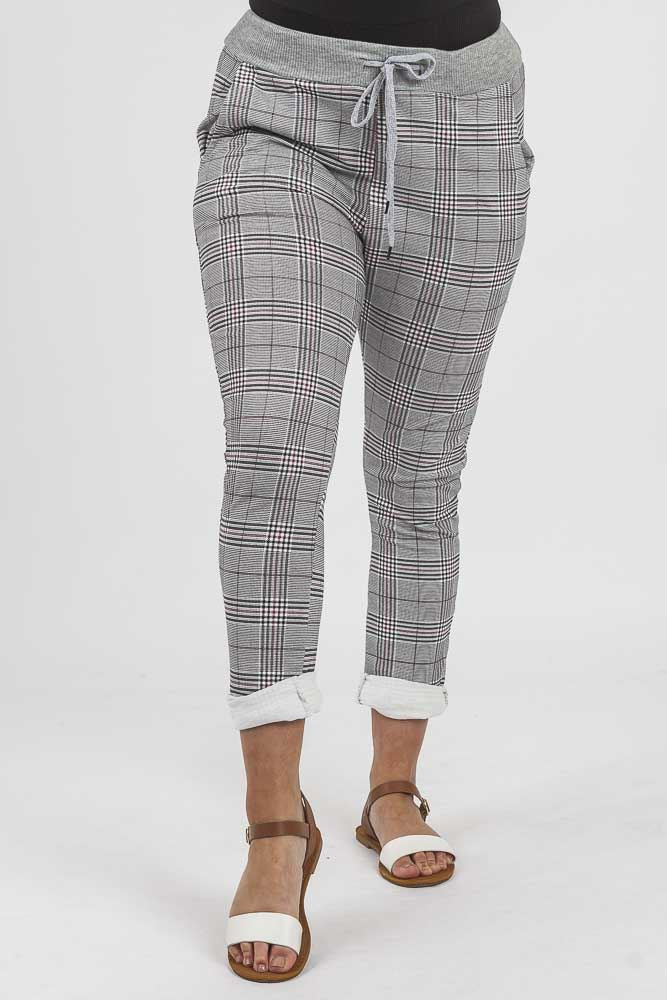 Cotton Check Print Drawstring Foldover Hem Trouser