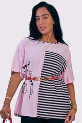 Stripe Colour Block Cat Print Cotton Top