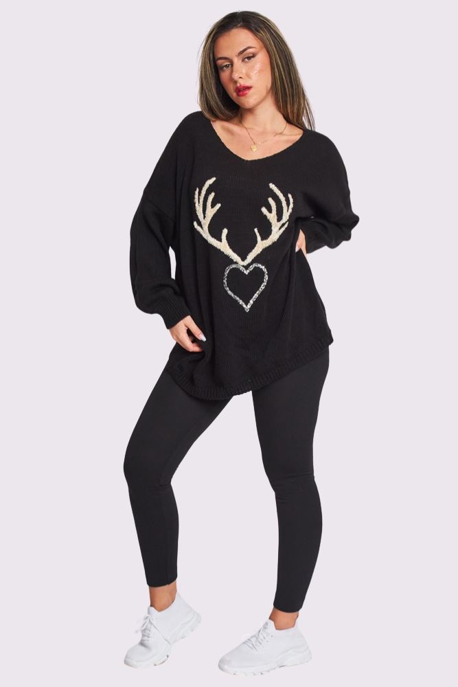 Sequin Heart Textured Antlers Motif V Neck Knit Style Oversized Jumper