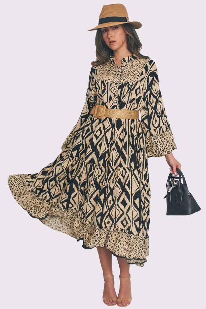 Geometric Print Button Up Oversized Dress