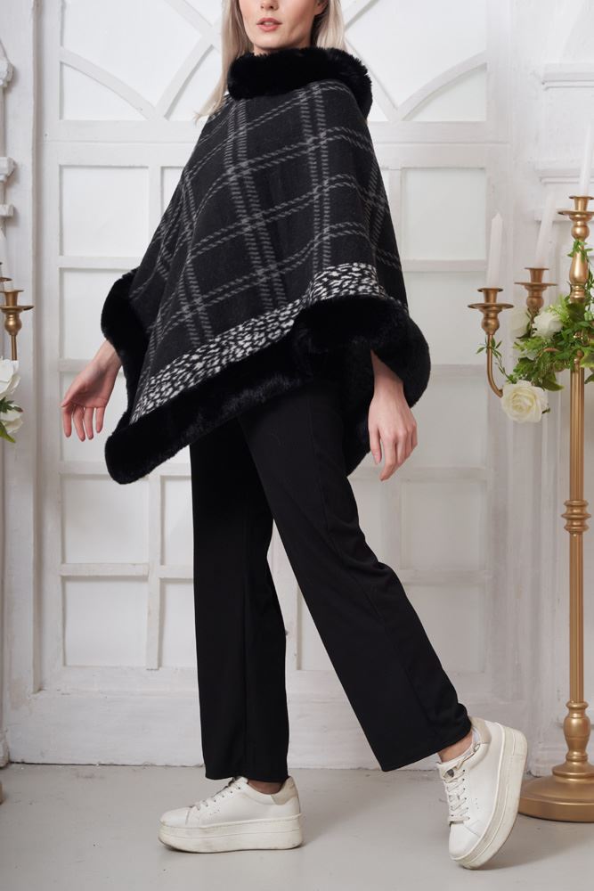 Check Pattern Faux Fur Viscose Poncho