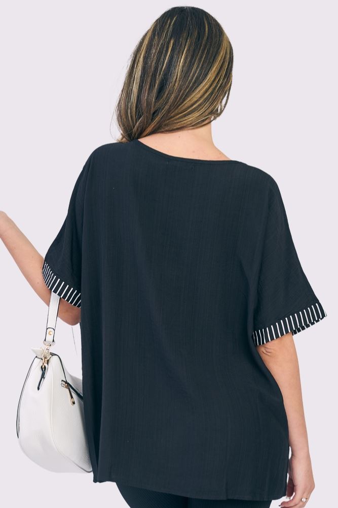 Stripe Print Side Button Detail Cotton Top