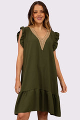 Plain Embroidered Neck Flared Hem Dress