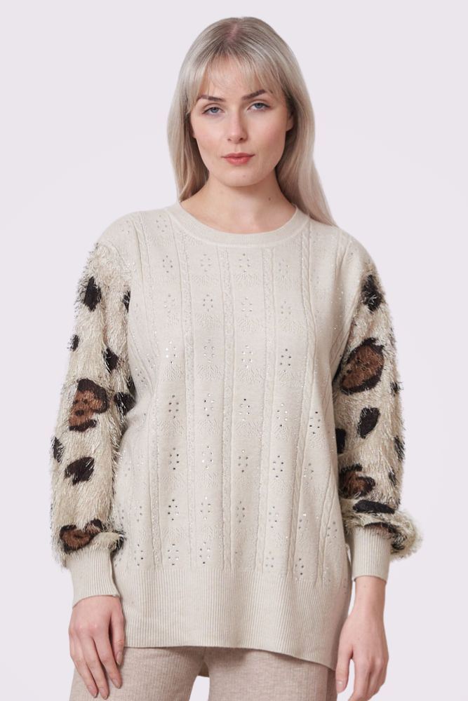 Diamante Pattern Leopard Faux Fur Soft Knit Jumper