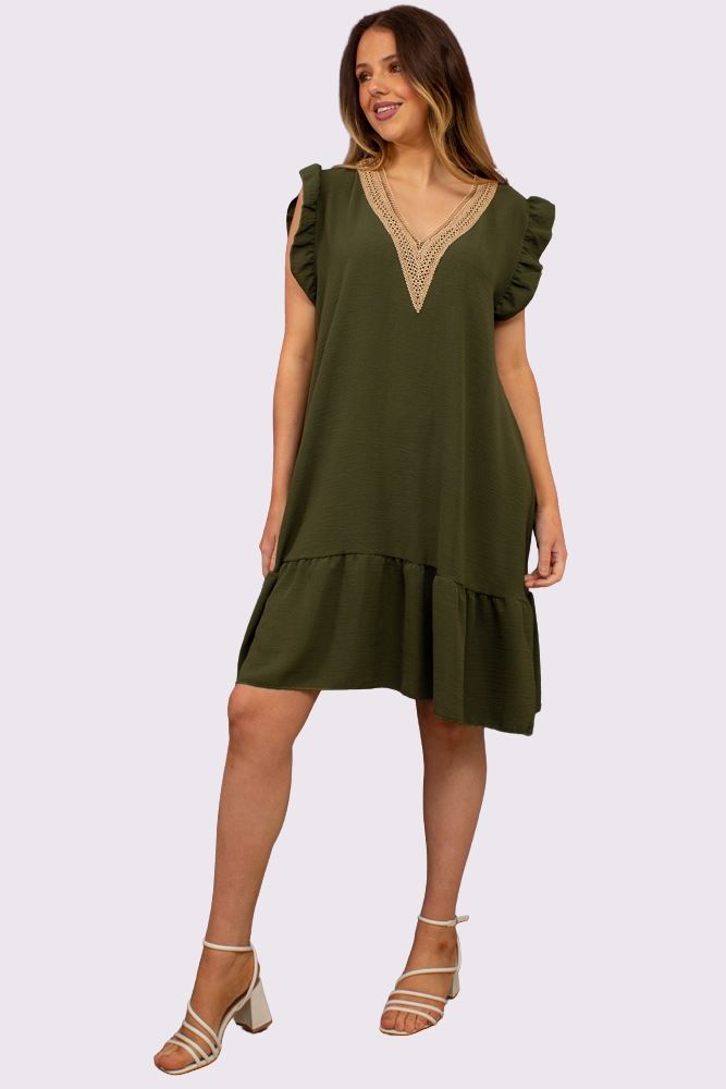 Plain Embroidered Neck Flared Hem Dress