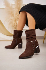 Suede Studded Details Side Zip Heel Boot