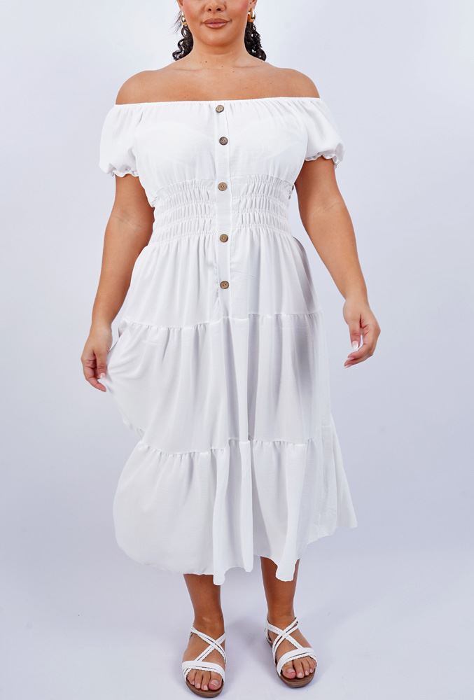 Plain Shirred Waist Tiered Dress