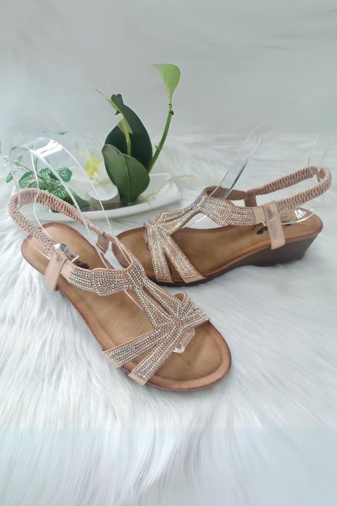 Diamante Pattern Wedge Elastic Strap Heels Sandal