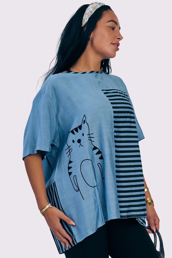 Stripe Colour Block Cat Print Cotton Top