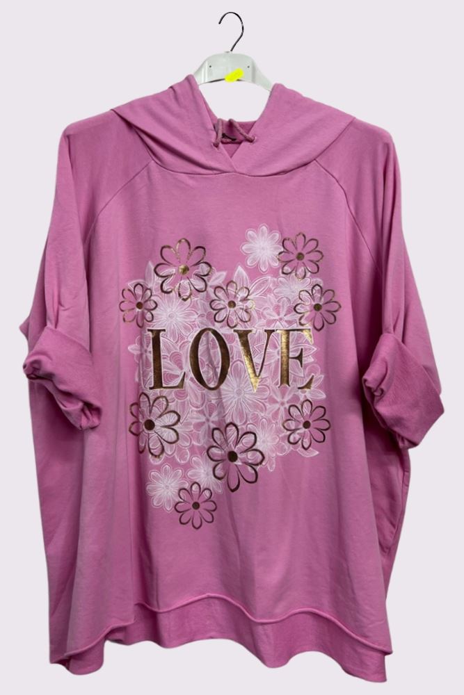 Love Flower Foil Print String Hoody High Low Hem Cotton Hoodie