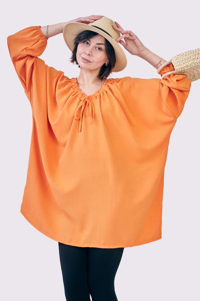 Plain Oversized Drawstring Neckline Top