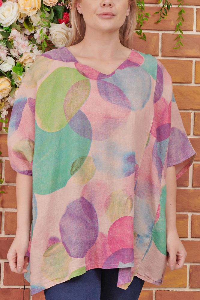 Rainbow Circle Print Linen Top