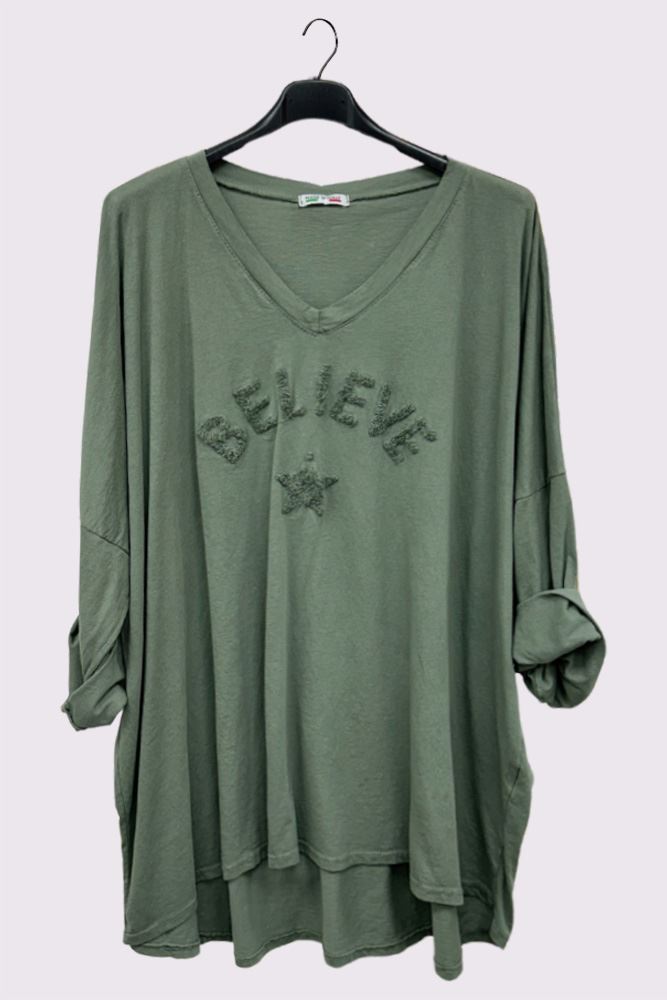 Believe' Star Embroidered Long-Sleeve Top