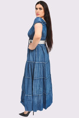 Plain Shirred Waist Tiered Denim Cotton Dress