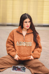 Amour Letter Gold Trim Leopard Faux Sherpa Pockets Top