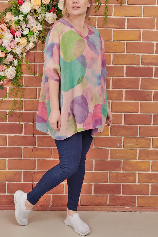 Rainbow Circle Print Linen Top