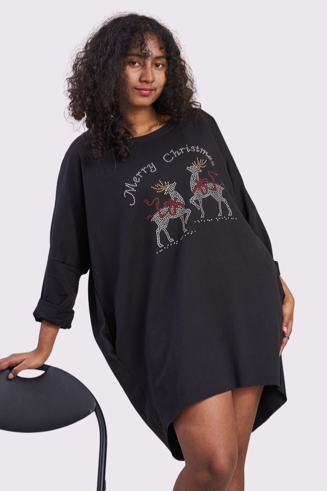 Merry Christmas Rhinestone Deer Detail Oversized Side Pockets DipHem Cotton Top