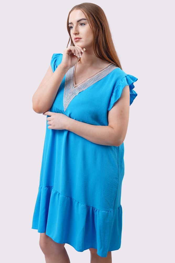 Plain Embroidered Neck Flared Hem Dress