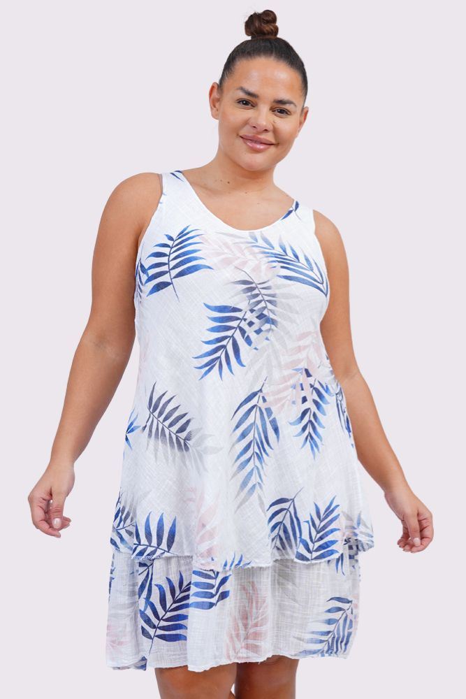 Tropical Leaves Print Layered Hem Cotton Dress