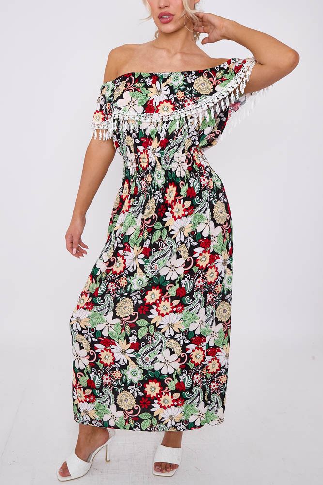 Paisley Floral Print Shirred Waist Lace Dress