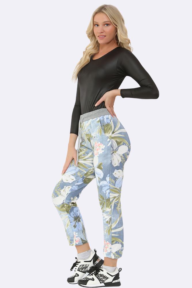 Cotton Tropical Floral Print Drawstring Trouser