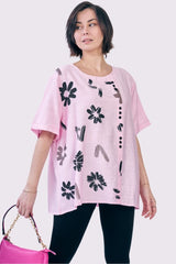 Brush Stroke Flower Print Patch Button Detail Cotton Top