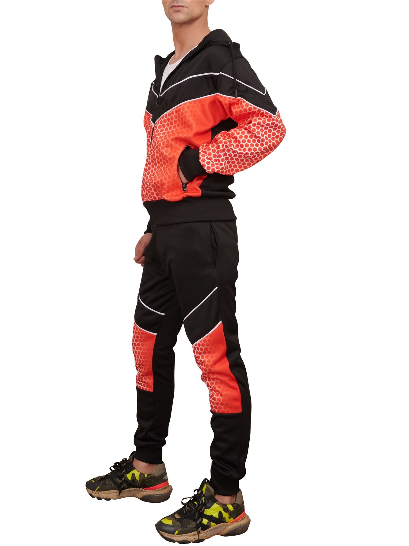 Men V Panelled Striped Zip Up Hooded Tracksuit