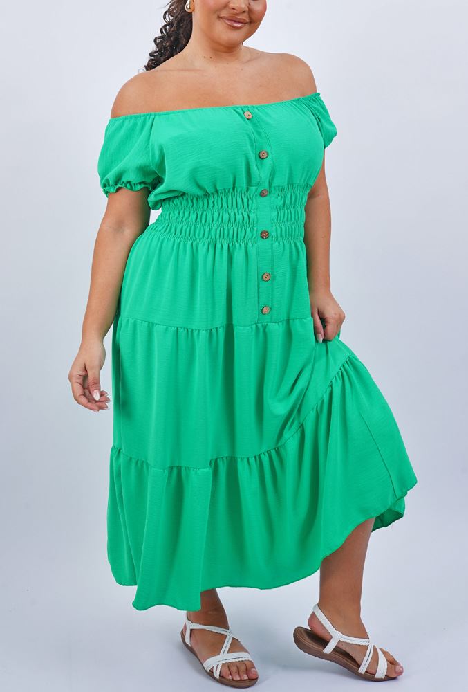 Plain Shirred Waist Tiered Dress