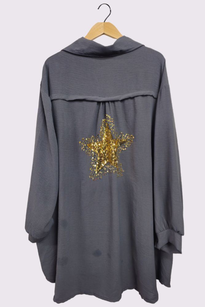 Sequin Star Back Button Curved Hem Shirt