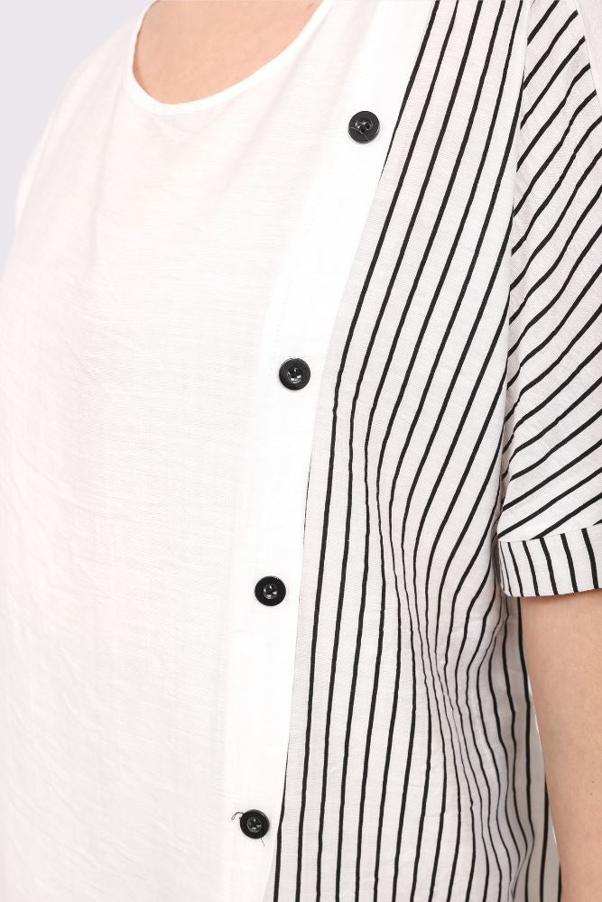 Stripe Print Side Button Detail Cotton Top