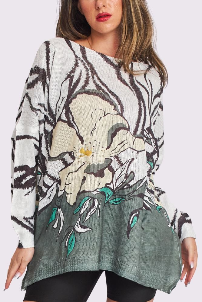 Tropical Flower Print Knit Style Oversized Top