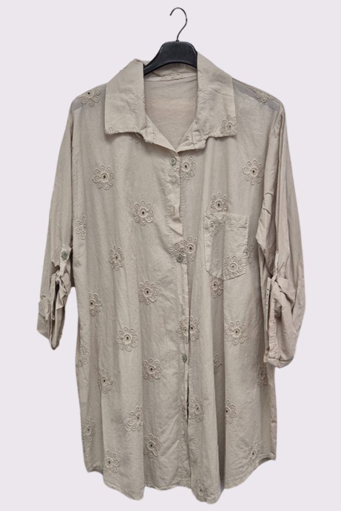 Floral Embroidered Pattern Front Pocket Cotton Shirt