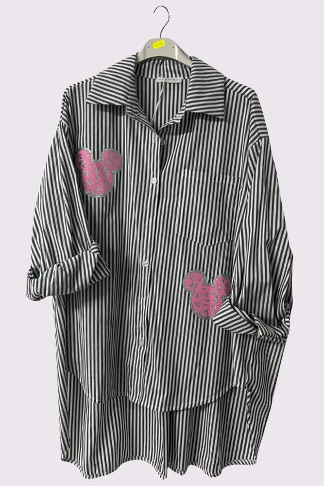 Stripe Print Sparkle Mouse Patch Button Closing Cotton Shirt