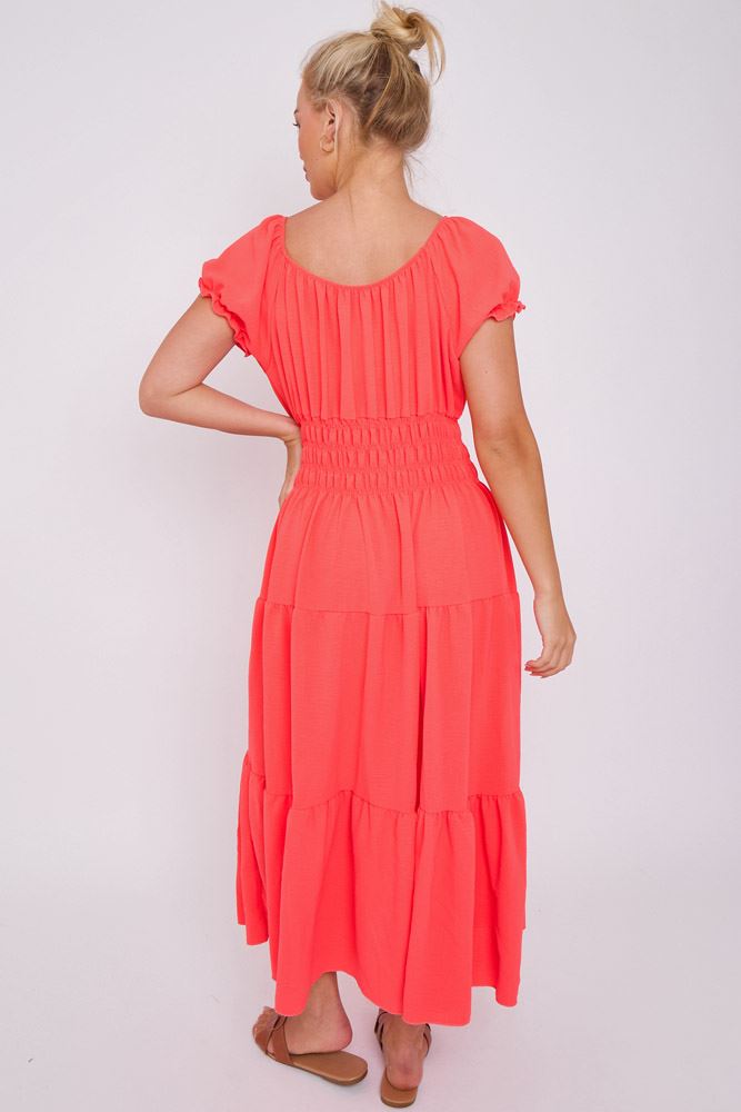 Plain Shirred Waist Tiered Dress