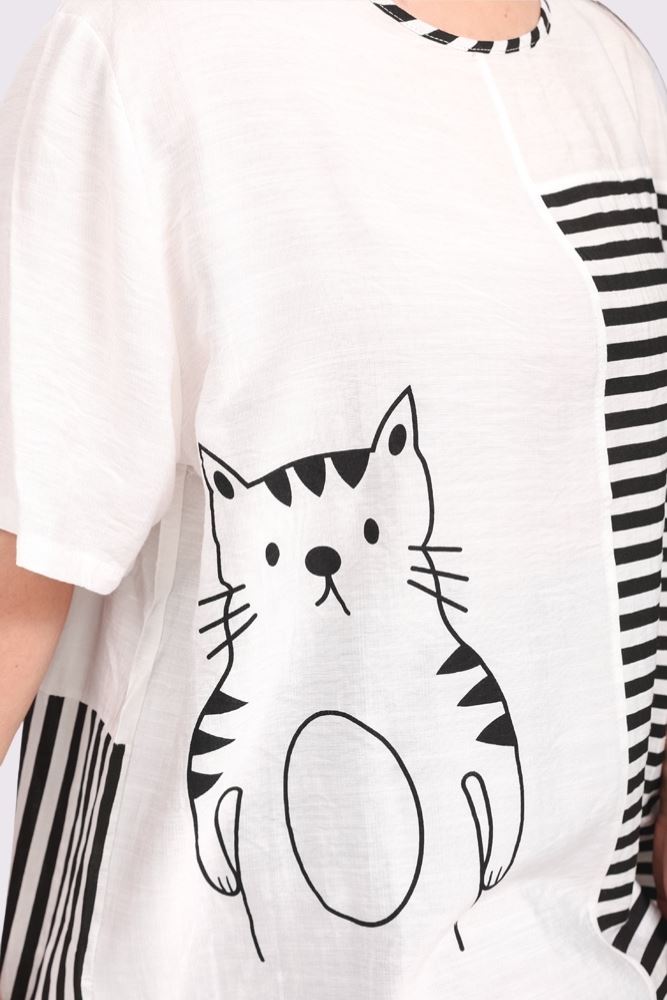 Stripe Colour Block Cat Print Cotton Top