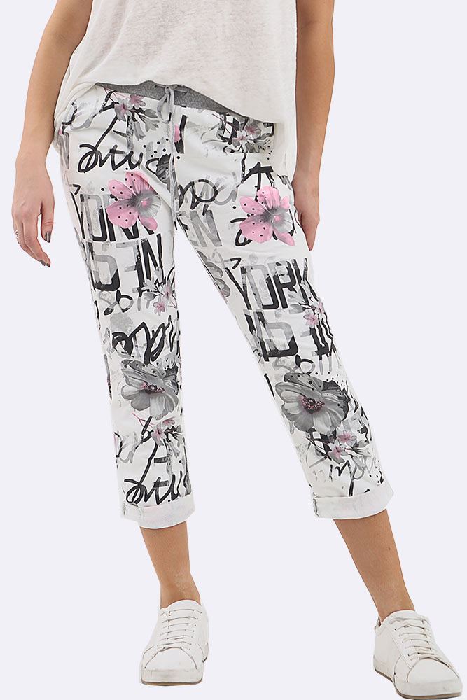 Cotton Floral Printed Drawstring Foldover Hem Trouser