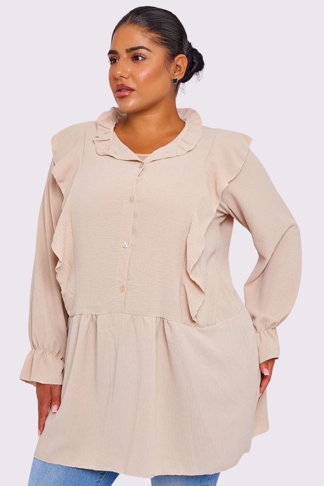 Plain Ruffle Front Button Up Shirt