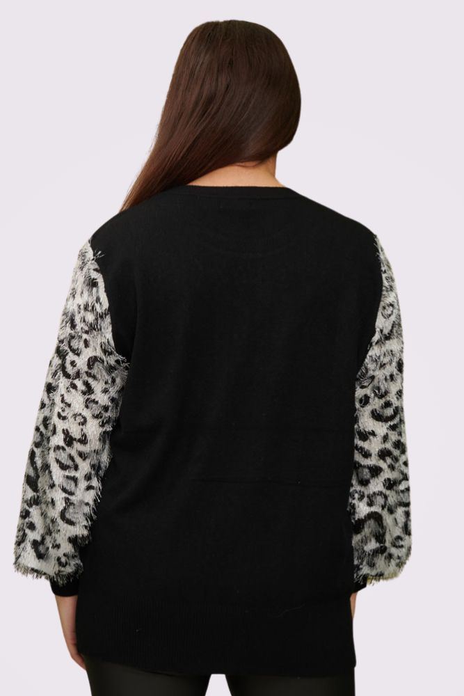 Diamante Pattern Leopard Faux Fur Soft Knit Jumper