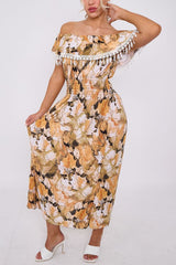 Leaf Print Lace Shirred Waist Dress