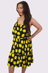 Lemon Print Layered Spaghetti Strap Flounced Dress